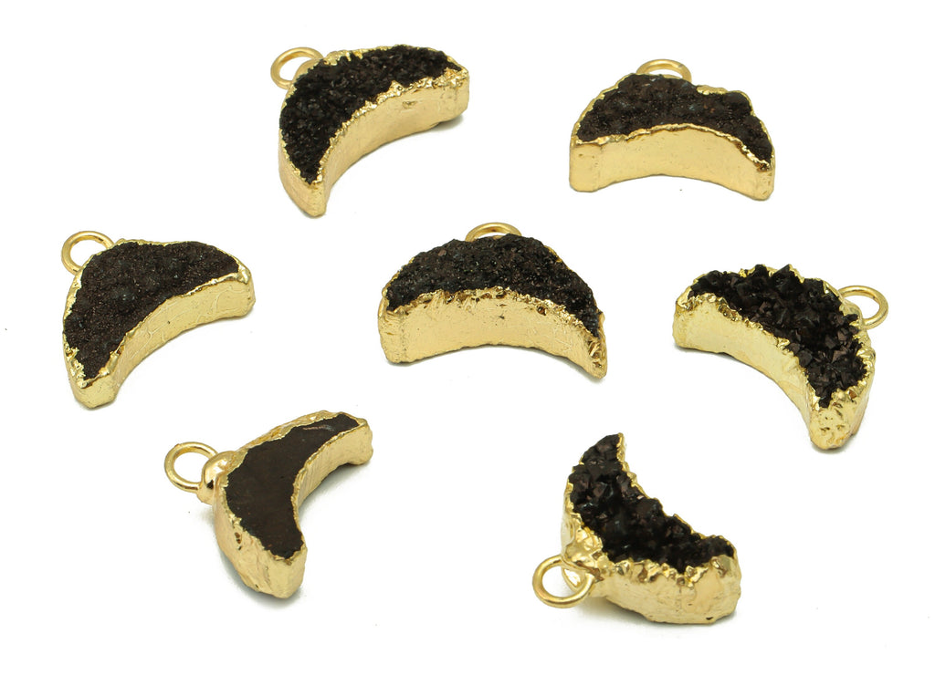 Black Cluster Crystal Druzy Earring Charms - Brass Crescent Pendant - Natural Stone - Gold Tone Plated Brass – 14.4x12.91x4.62mm – NS1680C - DOMEDBAZAAR