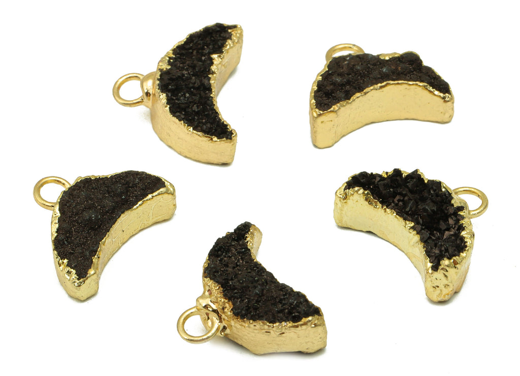 Black Cluster Crystal Druzy Earring Charms - Brass Crescent Pendant - Natural Stone - Gold Tone Plated Brass – 14.4x12.91x4.62mm – NS1680C - DOMEDBAZAAR