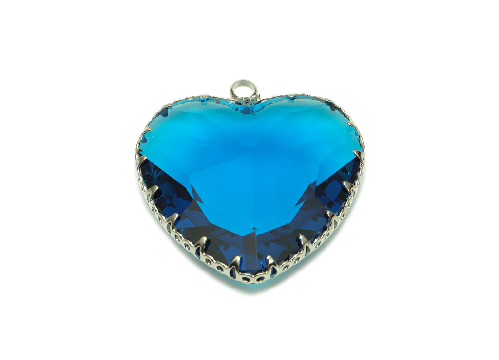 Faceted Glass Heart Charms - Blue Glass Heart Charm With Loop - Silver Tone Plated Brass Pendant - Modern Jewelry -31x27.94x9.64mm - GS1149G - DOMEDBAZAAR