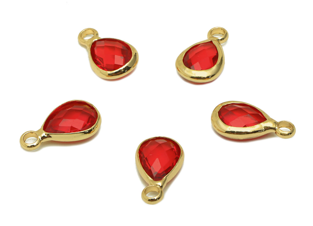 Glass Mini Drop Earring Charms - Brass Teardrop Frame Pendant - Gold Tone Plated Brass -Red Gloss Faceted Glass - 11.72x6.67x3.2mm - GS1068D - DOMEDBAZAAR