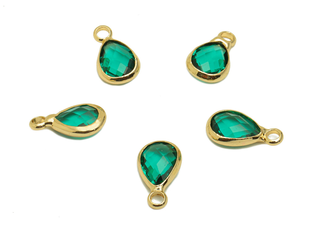 Glass Mini Drop Earring Charms - Brass Teardrop Frame Pendant - Gold Tone Plated Brass - Green Gloss Faceted Glass - 11.72x6x3mm - GS1068E - DOMEDBAZAAR