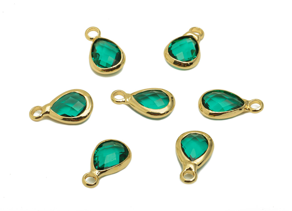 Glass Mini Drop Earring Charms - Brass Teardrop Frame Pendant - Gold Tone Plated Brass - Green Gloss Faceted Glass - 11.72x6x3mm - GS1068E - DOMEDBAZAAR