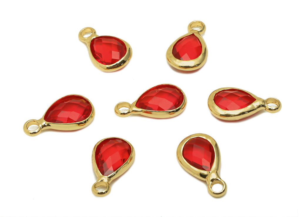 Glass Mini Drop Earring Charms - Brass Teardrop Frame Pendant - Gold Tone Plated Brass -Red Gloss Faceted Glass - 11.72x6.67x3.2mm - GS1068D - DOMEDBAZAAR