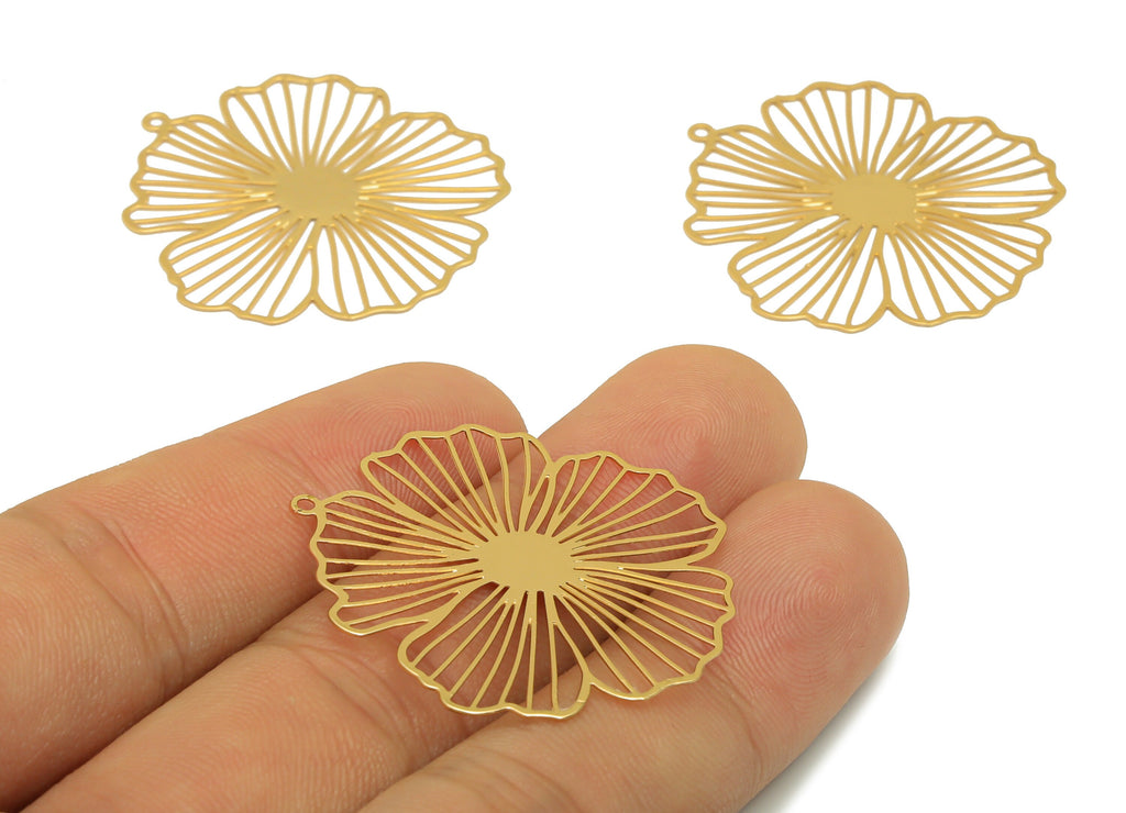 Brass Flower Earring Charms - Brass Flower Pendant - Earring Findings - KC Gold Tone Plating - 35.51x33.16x0.34mm - JJB6693G - DOMEDBAZAAR