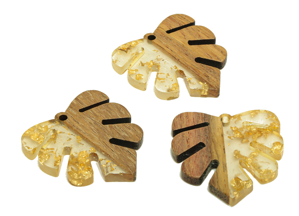 Epoxy Redwood Monstera Charm - Epoxy Resin Wood Leaf Pendant - Redwood and Resin Gold Confetti - Transparent Charm - 30.45x28x3mm - BB1094k - DOMEDBAZAAR