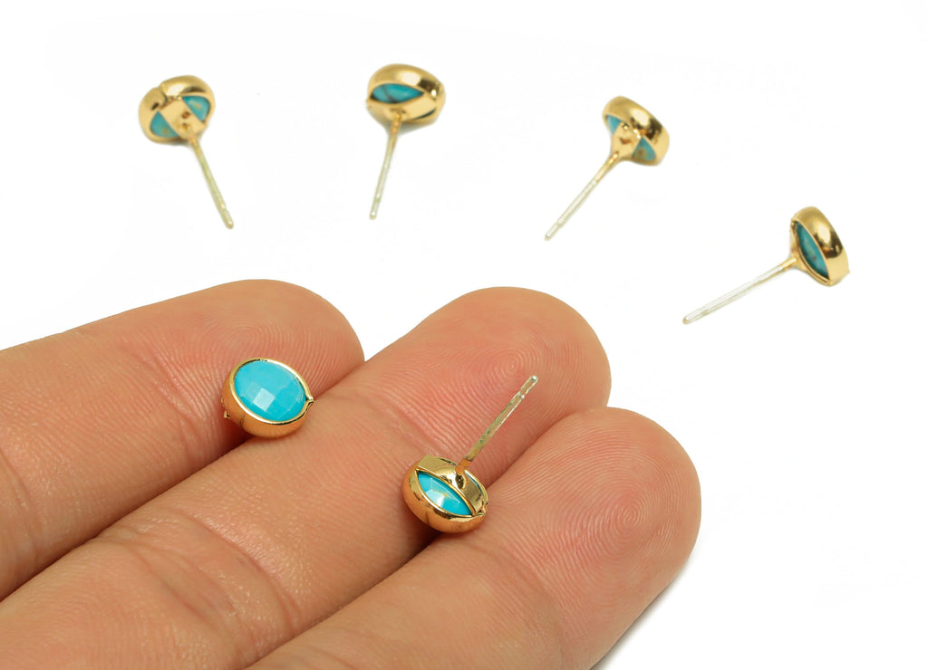 Blue Turquoise Stud Earrings - Gold Tone Plated Natural Stone Brass Post Earrings - Gold Tone Plated Brass -7.45x7.45x3.44mm- NS1907 - DOMEDBAZAAR