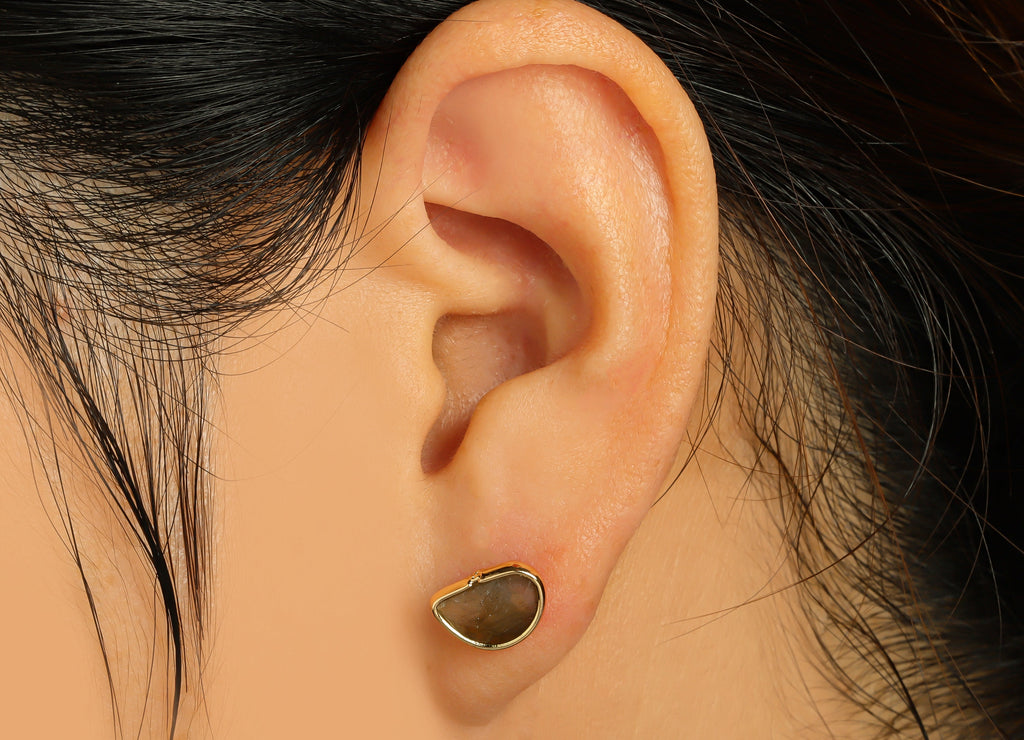 Gray Labradorite Stud Earrings - Gold Tone Plated Natural Stone Brass Post Earrings - Gold Tone Plated Brass -10.9x 7.92 x 5.23mm- NS1908 - DOMEDBAZAAR