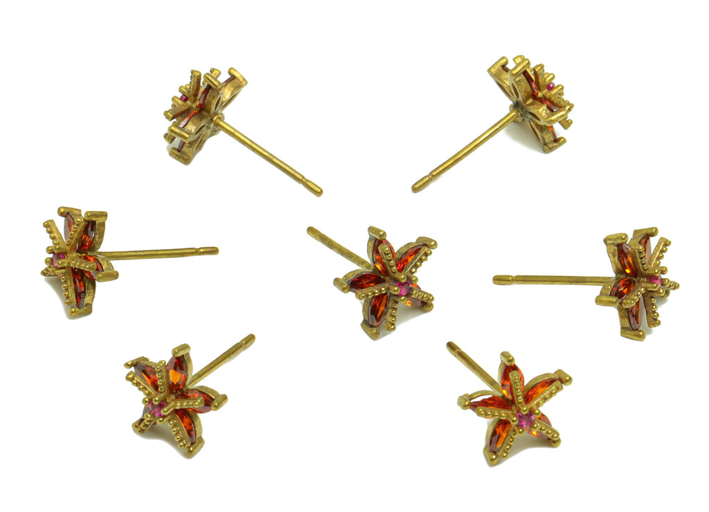 Brass Flower Earring Stud - Raw Brass Red Cubic Zirconia Earring Post - Brass Botanical Earring Post - 9.5x9.5x4.55mm - PP8626 - DOMEDBAZAAR