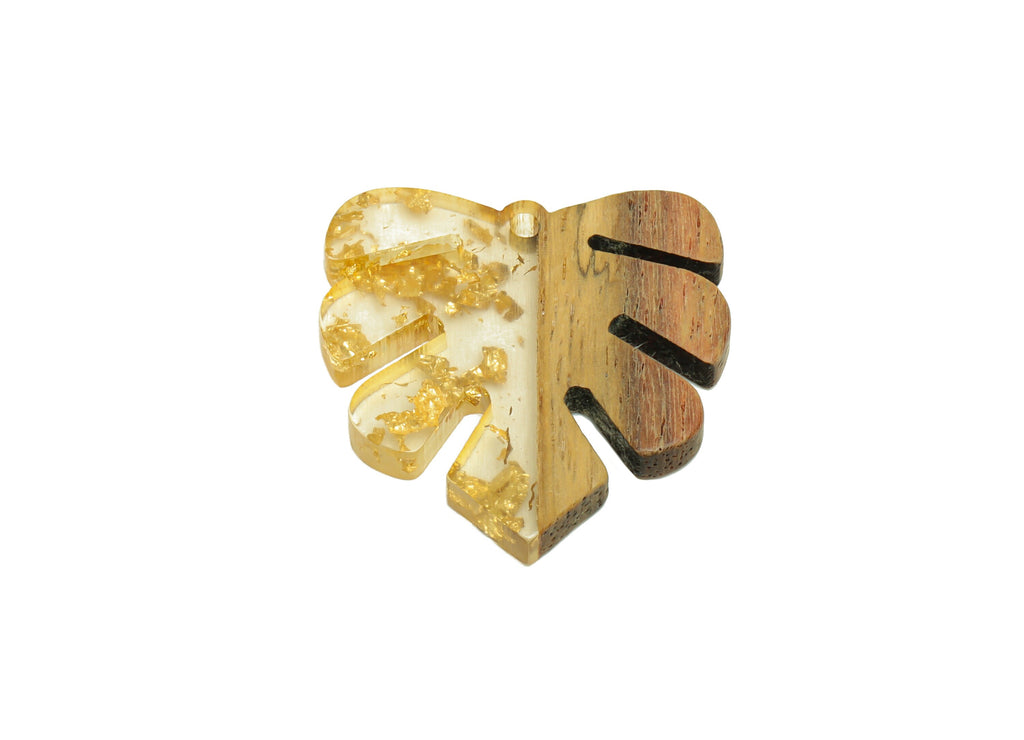 Epoxy Redwood Monstera Charm - Epoxy Resin Wood Leaf Pendant - Redwood and Resin Gold Confetti - Transparent Charm - 30.45x28x3mm - BB1094k - DOMEDBAZAAR