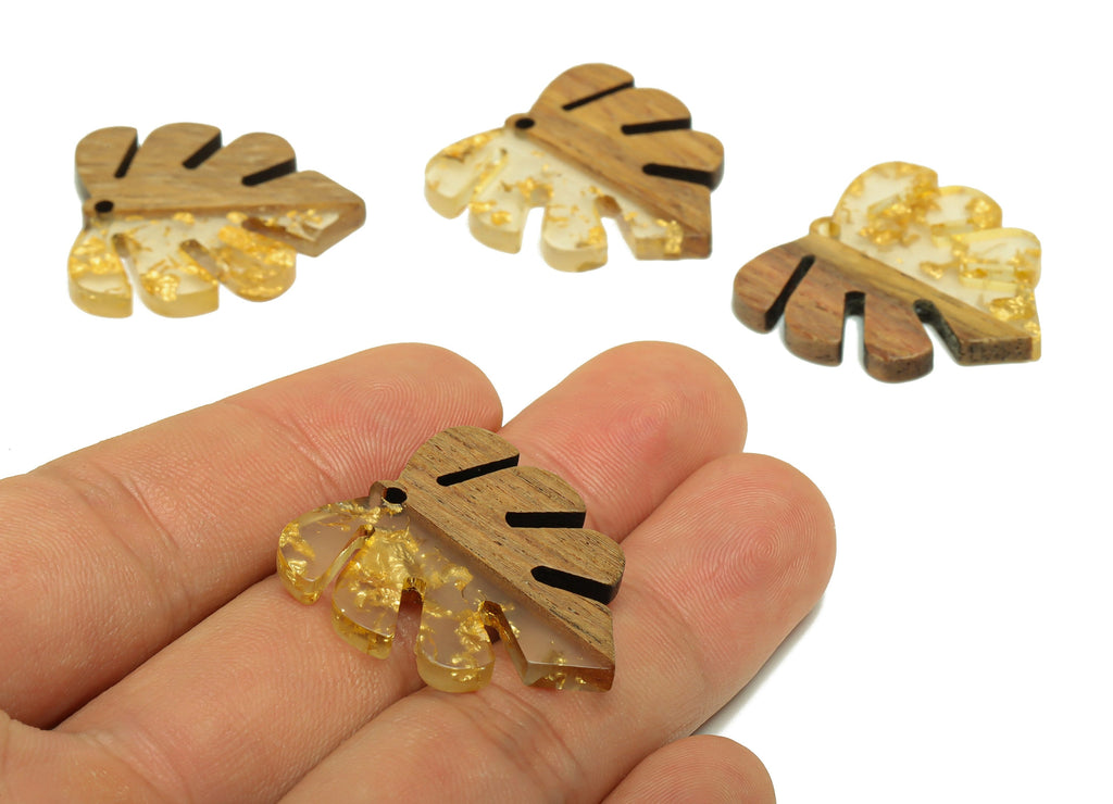 Epoxy Redwood Monstera Charm - Epoxy Resin Wood Leaf Pendant - Redwood and Resin Gold Confetti - Transparent Charm - 30.45x28x3mm - BB1094k - DOMEDBAZAAR