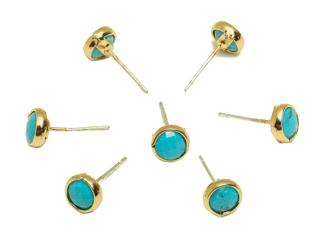 Blue Turquoise Stud Earrings - Gold Tone Plated Natural Stone Brass Post Earrings - Gold Tone Plated Brass -7.45x7.45x3.44mm- NS1907 - DOMEDBAZAAR