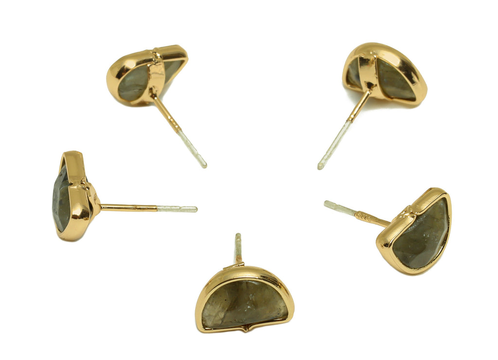 Gray Labradorite Stud Earrings - Gold Tone Plated Natural Stone Brass Post Earrings - Gold Tone Plated Brass -10.9x 7.92 x 5.23mm- NS1908 - DOMEDBAZAAR