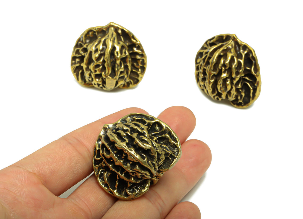 Brass Walnut Charm - Raw Brass Walnut Charms - Walnut Figure - Antique Looking Pendant - Solid Walnut - 38.7x32.55x33.45mm-PP87692 - DOMEDBAZAAR