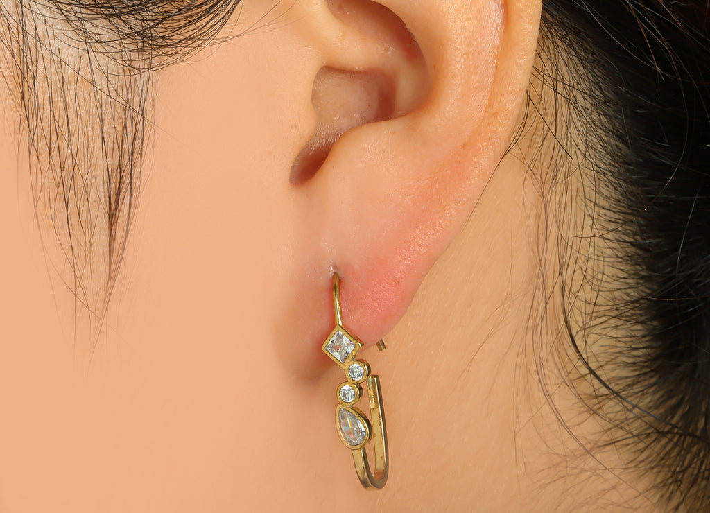 Geometric CZ Wire Earring - Raw Brass Round Zircon Earring Wires - Brass Drop Ear Hooks Findings - Jewelry Supplies - 25x9x5.25mm- PP8667 - DOMEDBAZAAR