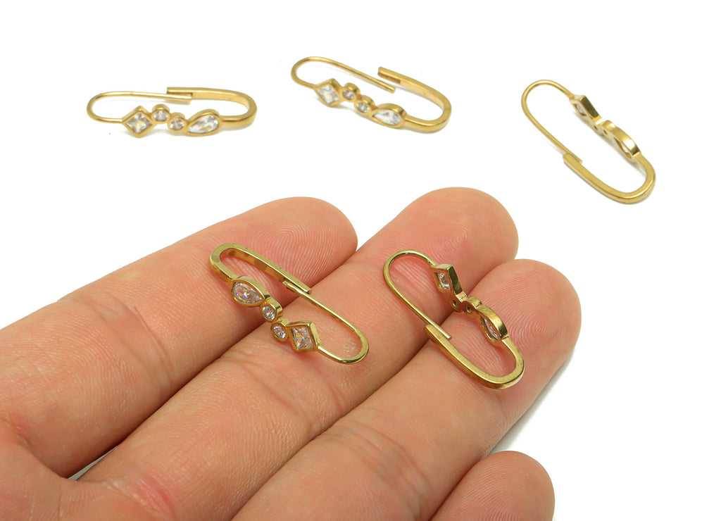 Geometric CZ Wire Earring - Raw Brass Round Zircon Earring Wires - Brass Drop Ear Hooks Findings - Jewelry Supplies - 25x9x5.25mm- PP8667 - DOMEDBAZAAR
