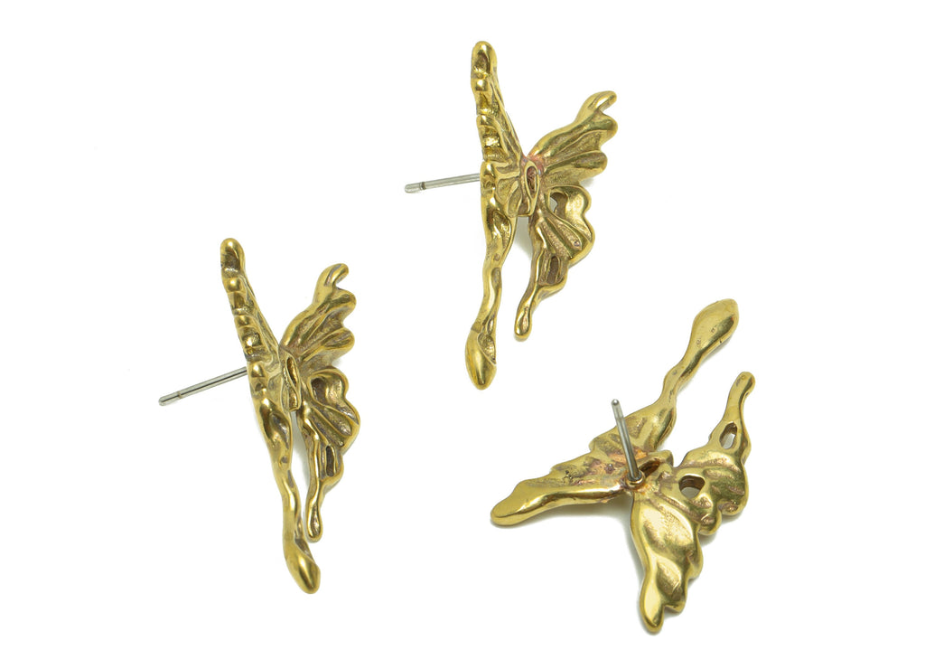 Brass Butterfly Earring Stud - Raw Brass Depression Butterfly Post For Pearl - Melt Butterfly Earring Post - 32.44x17.67x1.9mm- PP8643 - DOMEDBAZAAR