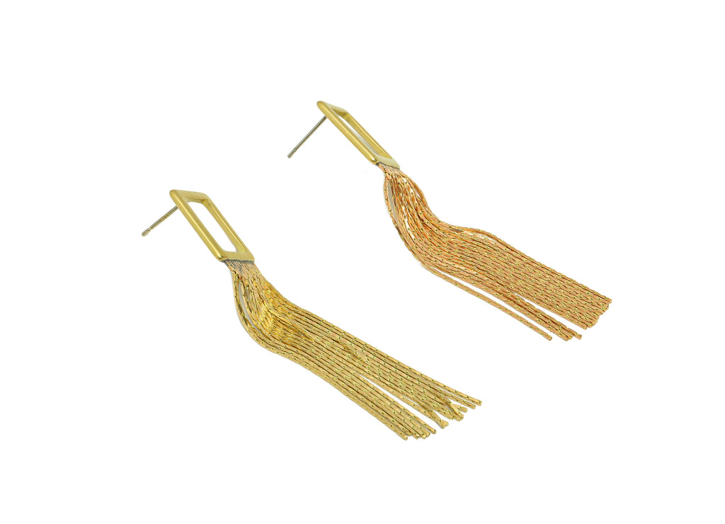 Rectangle Tassel Chain Earring - Brass Geometry Earring Post - Raw Brass Rectangle Tassel Stud - Tassel Earring Post - 65.86x12x1mm- PP8887 - DOMEDBAZAAR