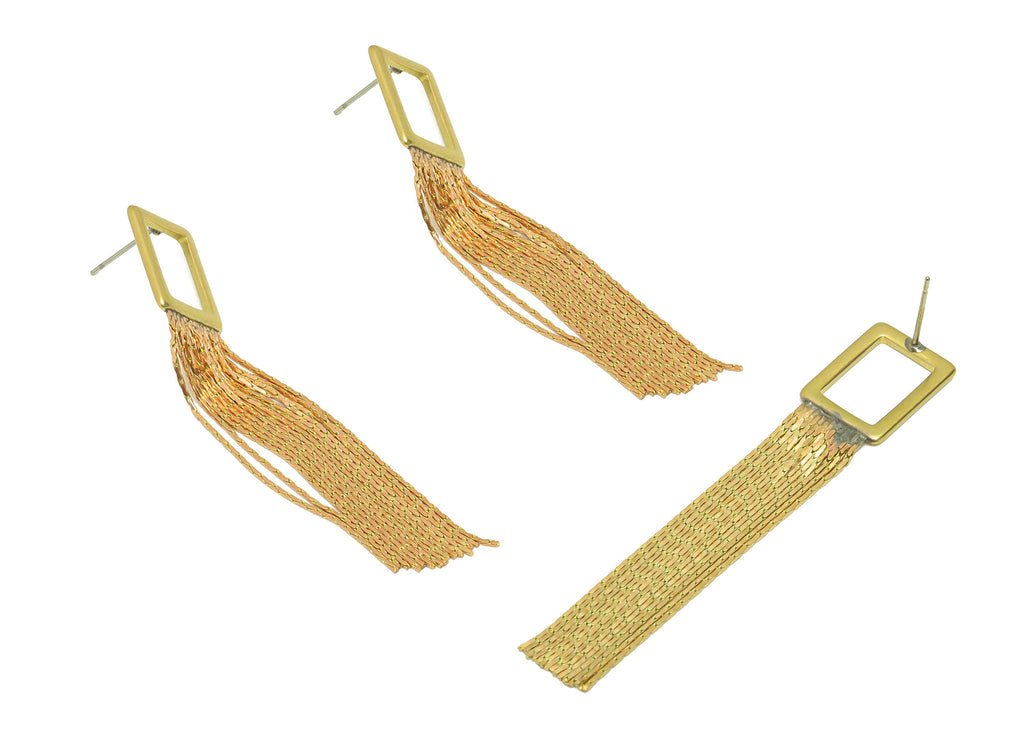 Rectangle Tassel Chain Earring - Brass Geometry Earring Post - Raw Brass Rectangle Tassel Stud - Tassel Earring Post - 65.86x12x1mm- PP8887 - DOMEDBAZAAR