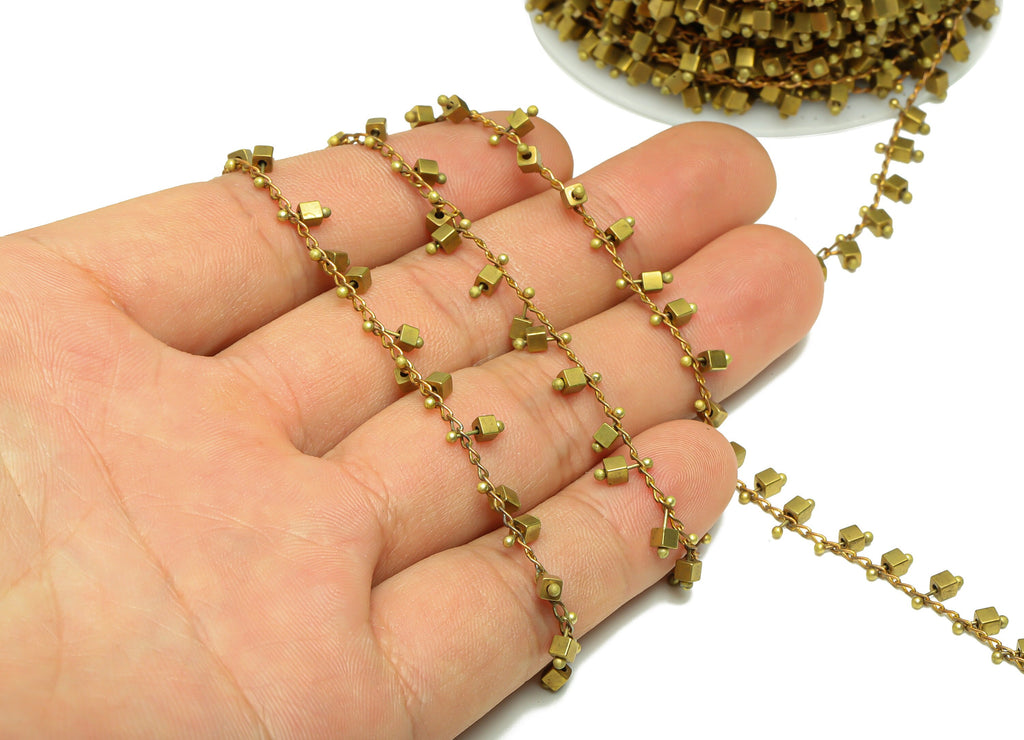 Cube Satellite Cable Chain - Raw Brass Cube Beaded Chain - Brass Mini Chunky Chain- Bracelet Chain - Jeweler Making - 2.47x6.74x2mm - PP8636 - DOMEDBAZAAR