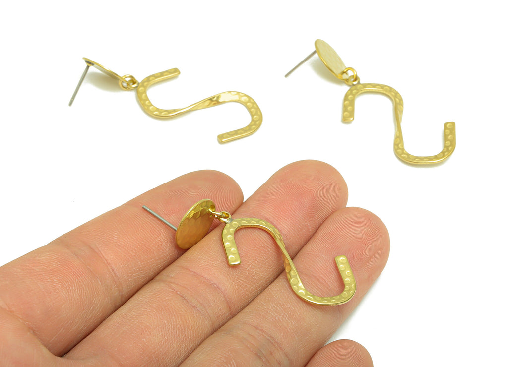 Hammered Round Dangle Earring Post - Brass Circle Earring Stud - Brass S Earring Post - letter Hammered Earring Post - 44x19x1mm- PP8895 - DOMEDBAZAAR