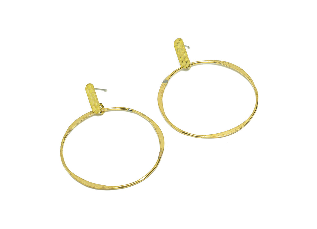 Hammered Dangle Hoop Earring Post - Hammered Rectangle Earring Stud - Brass Circle Dangle Earring Post - Earring Post - 42x42x1mm- PP9082 - DOMEDBAZAAR