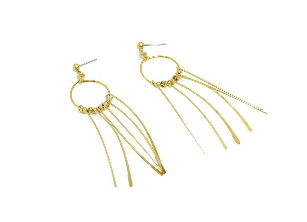 Hammered Wires Tassel Earring - Brass Hammered 6 Wires Post - Beads Hang Wires Stud - Tassel Earring Post - 81.82x20.36x1.03mm- PP8859 - DOMEDBAZAAR