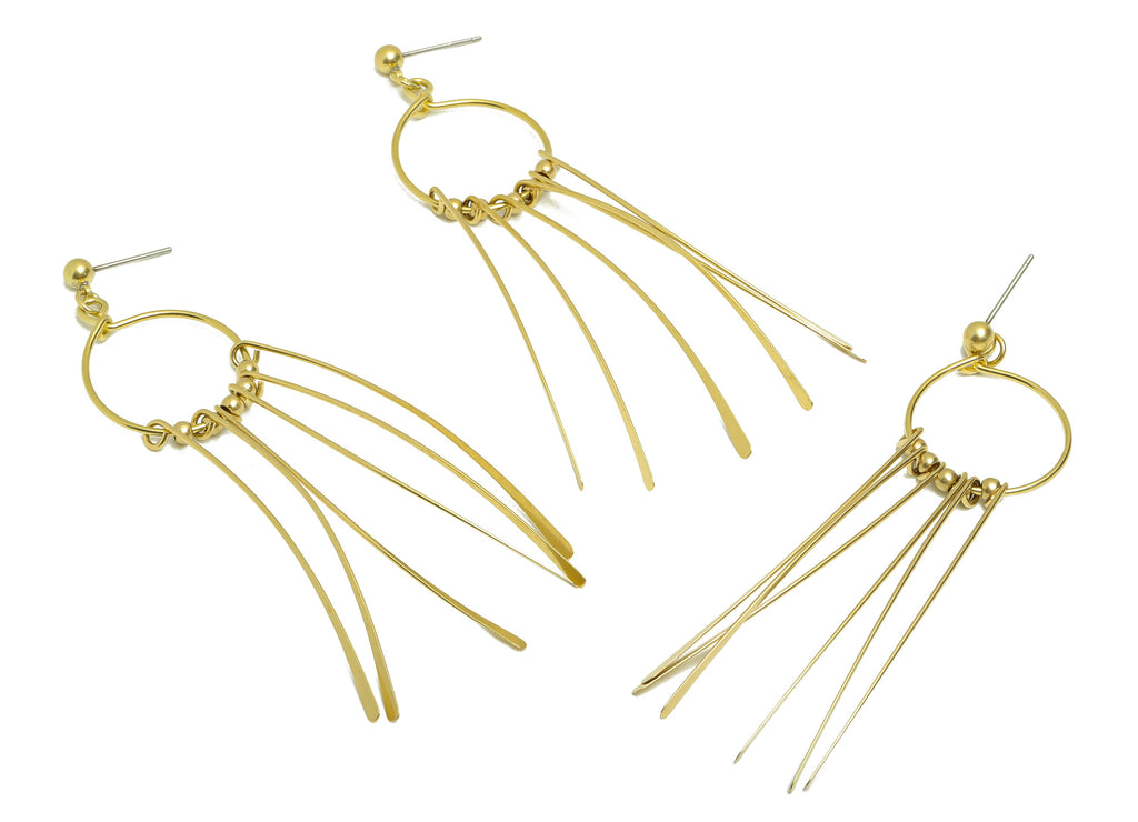 Hammered Wires Tassel Earring - Brass Hammered 6 Wires Post - Beads Hang Wires Stud - Tassel Earring Post - 81.82x20.36x1.03mm- PP8859 - DOMEDBAZAAR