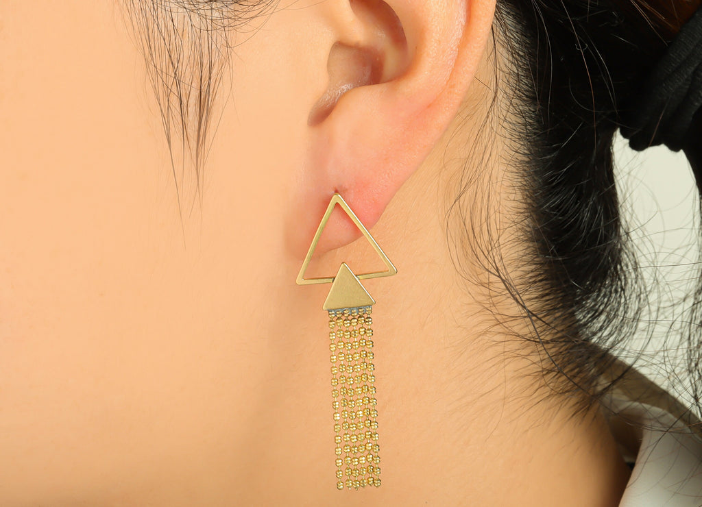 Triangle Tassel Chain Earring - Brass Double Triangle Post - Raw Brass Triangle Tassel Stud - Tassel Earring Post - 51.44x17.89x1mm- PP8886 - DOMEDBAZAAR