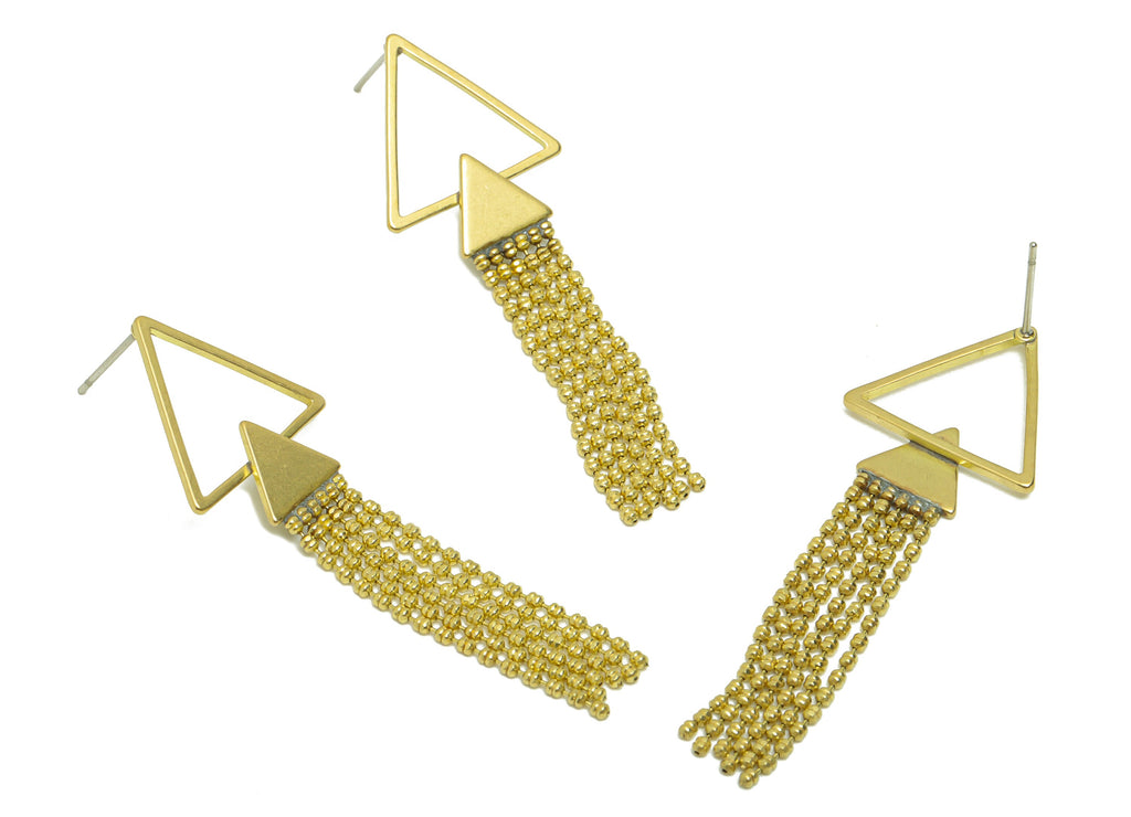 Triangle Tassel Chain Earring - Brass Double Triangle Post - Raw Brass Triangle Tassel Stud - Tassel Earring Post - 51.44x17.89x1mm- PP8886 - DOMEDBAZAAR