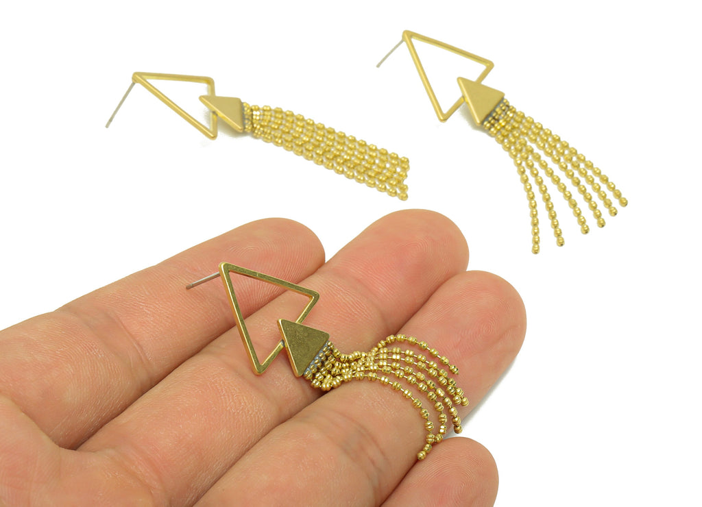 Triangle Tassel Chain Earring - Brass Double Triangle Post - Raw Brass Triangle Tassel Stud - Tassel Earring Post - 51.44x17.89x1mm- PP8886 - DOMEDBAZAAR