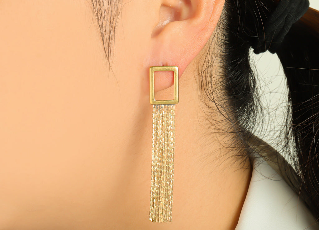 Rectangle Tassel Chain Earring - Brass Geometry Earring Post - Raw Brass Rectangle Tassel Stud - Tassel Earring Post - 65.86x12x1mm- PP8887 - DOMEDBAZAAR