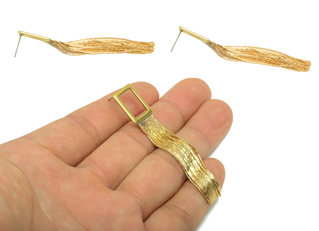 Rectangle Tassel Chain Earring - Brass Geometry Earring Post - Raw Brass Rectangle Tassel Stud - Tassel Earring Post - 65.86x12x1mm- PP8887 - DOMEDBAZAAR