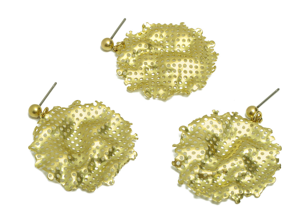 Round Mesh Earring - Brass Round Hole Earring Post - Raw Brass Wavy Mesh Stud - Irregular Mesh Earring Post - 37.05x30.96x1.41mm- PP8860 - DOMEDBAZAAR