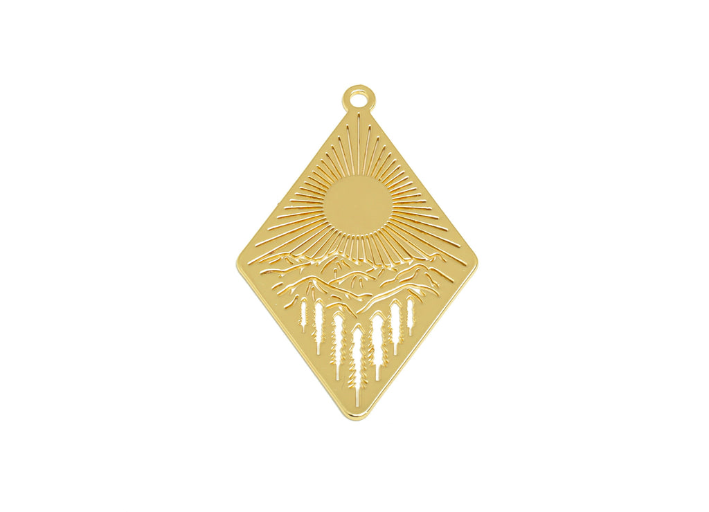 Brass Sun Rhombic Mountain Landscape Earring Charms - Brass Trees Diamond Pendant - 18K Real Gold Plating - 42.11x26.97x0.74mm - RGP7065 - DOMEDBAZAAR