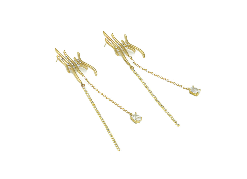 Brass Tassel Chain Earring Stud - Raw Brass Zircon Earring Post - Wavy Tassel Earring Post - Zircon Stick Dangle Earring - 108x19x3mm-PP9261 - DOMEDBAZAAR