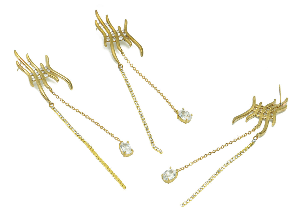 Brass Tassel Chain Earring Stud - Raw Brass Zircon Earring Post - Wavy Tassel Earring Post - Zircon Stick Dangle Earring - 108x19x3mm-PP9261 - DOMEDBAZAAR