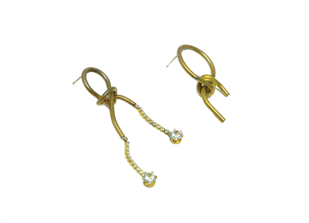 Brass Wire Dangle Earring Stud - Raw Brass Zircon Knot Tassel Earring Post - Round Twine Earring Post - Zircon Earring - 26x24x3mm - PP9235 - DOMEDBAZAAR