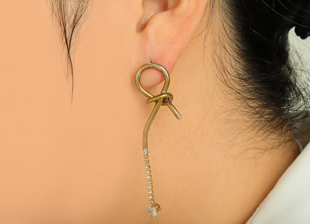 Brass Wire Dangle Earring Stud - Raw Brass Zircon Knot Tassel Earring Post - Round Twine Earring Post - Zircon Earring - 26x24x3mm - PP9235 - DOMEDBAZAAR