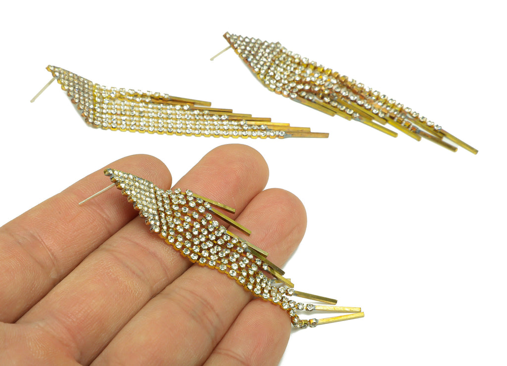CZ Tassel Wing Earring Stud - Raw Brass Zircon Tassel Earring Post - Triangle Stick Chain Earring Post - Tassel Post - 78x14x1.84mm- PP9234 - DOMEDBAZAAR