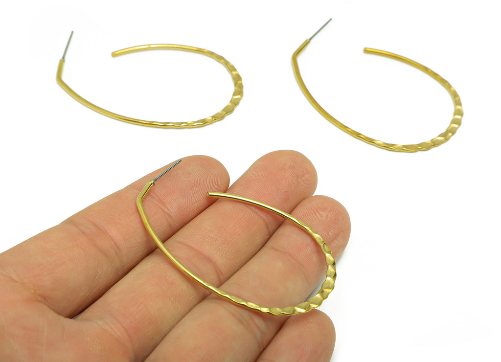 Hammered Wire Open Hoop Earring Stud - Raw Brass Hoop Earring Post - Oval Hammered Hoop Earring Post - Textured Post - 53x34x1.45mm- PP9232 - DOMEDBAZAAR