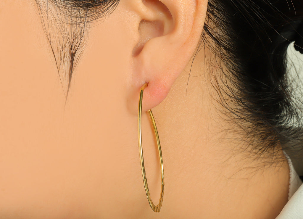 Hammered Wire Open Hoop Earring Stud - Raw Brass Hoop Earring Post - Oval Hammered Hoop Earring Post - Textured Post - 53x34x1.45mm- PP9232 - DOMEDBAZAAR