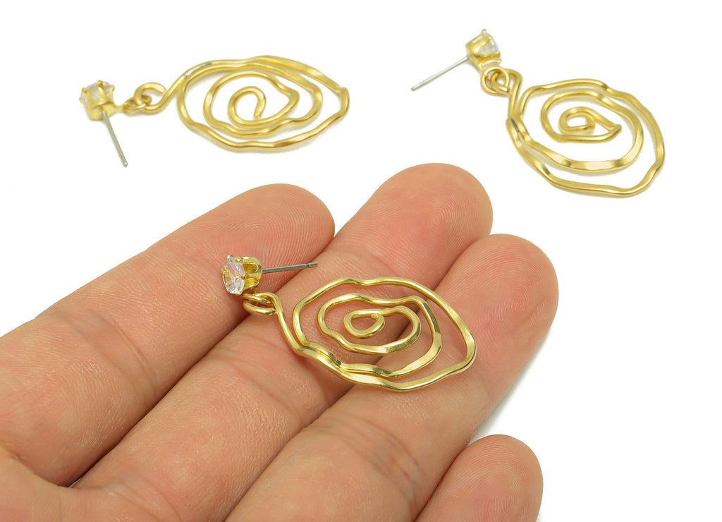 Hammered Wire Snail Dangle Earring - Brass Twine Wire Hammered Earring Stud - Brass Cubic Zircon Wire Earring Post - 39x19x1mm - PP8849 - DOMEDBAZAAR