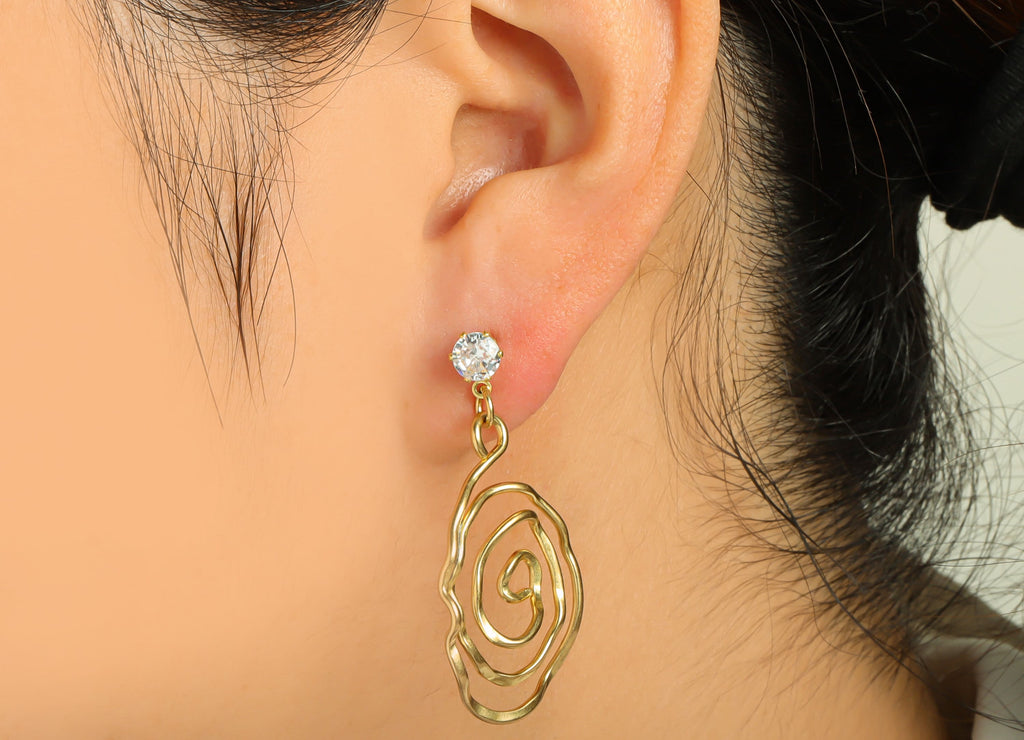 Hammered Wire Snail Dangle Earring - Brass Twine Wire Hammered Earring Stud - Brass Cubic Zircon Wire Earring Post - 39x19x1mm - PP8849 - DOMEDBAZAAR