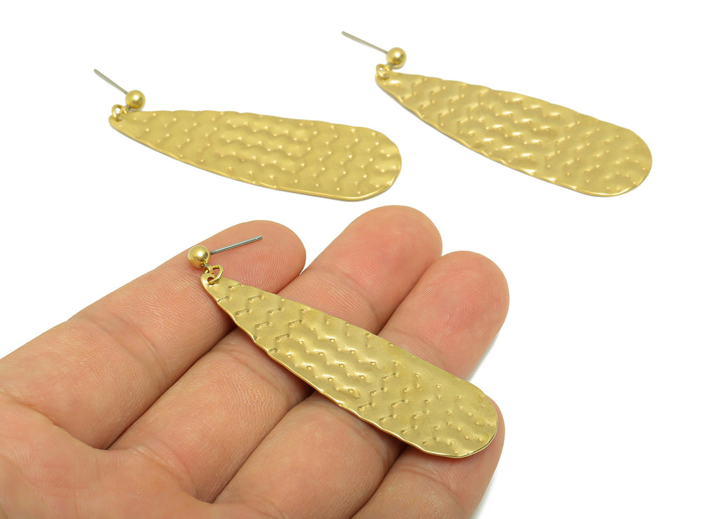Hammered Dorp Earring - Brass Wavy Teardrop Earring Stud - Brass Hammered Line Post - Teardrop Earring Post - 60.3x18.6x0.92mm -PP8867 - DOMEDBAZAAR