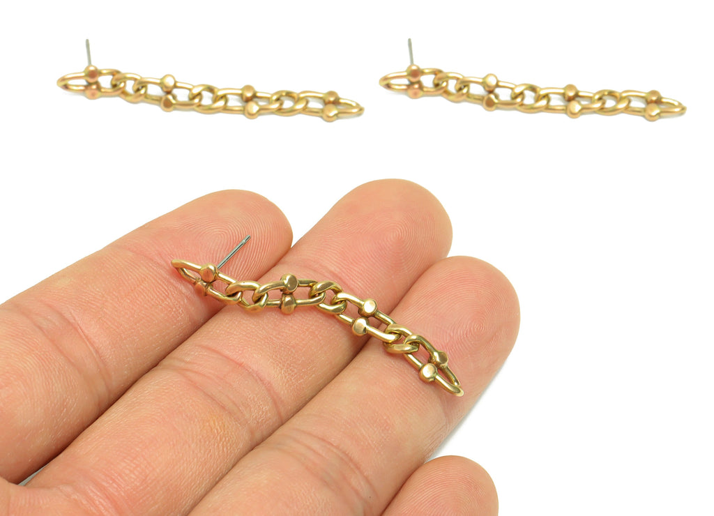 Brass Chain Earring Stud - Raw Brass Tassel  Earring Post - Oval Hammered Chain Earring Post - Hang Link Post - 45x5.5x1mm- PP8863 - DOMEDBAZAAR