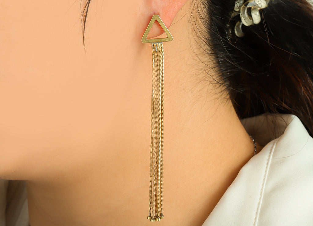 Brass Tassel Chain Earring Post - Raw Brass Dangle Triangle Wire Earring - Chain Earring Post - Tassel Earring Post - 92.87x14x2mm - PP9131 - DOMEDBAZAAR
