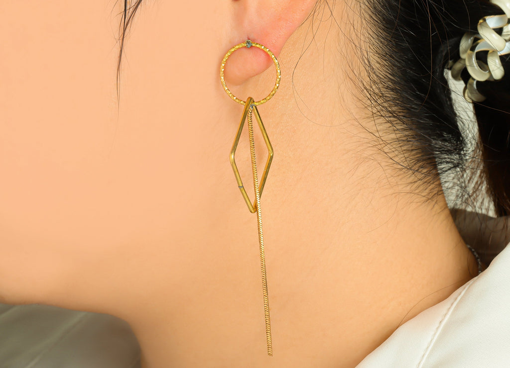 Brass Square Dangle Tassel Earring Post - Raw Brass Textured Round Earring Post - Dangle Tassel Chain Earring Post - 88x32x1.18mm - PP9126 - DOMEDBAZAAR