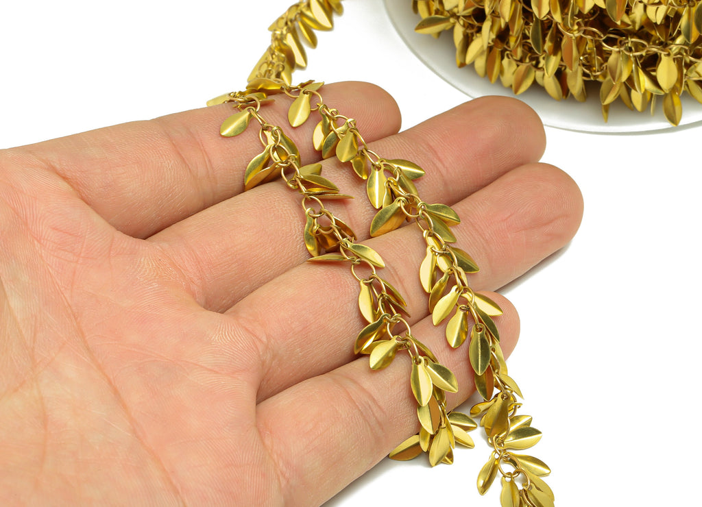 10mm Leaf Beaded Satellite Chain - Handmade Curb Chain - Leaf Beads Link Chain - Brass Botanical Satellite Chain - CC1240 - DOMEDBAZAAR