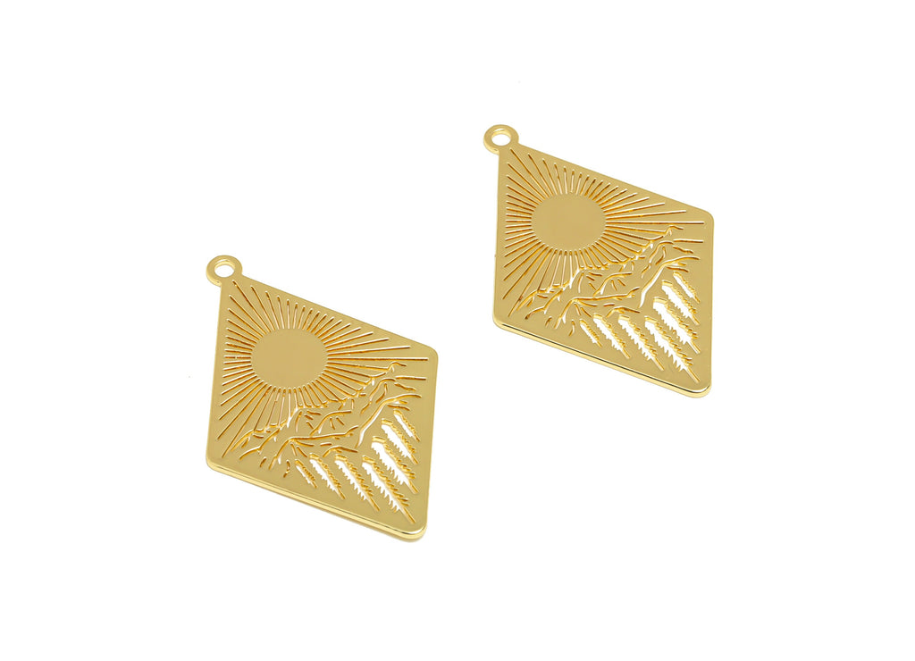 Brass Sun Rhombic Mountain Landscape Earring Charms - Brass Trees Diamond Pendant - 18K Real Gold Plating - 42.11x26.97x0.74mm - RGP7065 - DOMEDBAZAAR