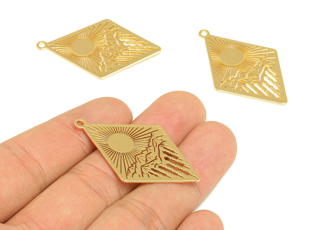 Brass Sun Rhombic Mountain Landscape Earring Charms - Brass Trees Diamond Pendant - 18K Real Gold Plating - 42.11x26.97x0.74mm - RGP7065 - DOMEDBAZAAR